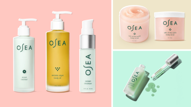 On the left: Three Osea skincare bottles on a pink background. On the top right: A pink jar containing a salt scrub with and without a lid on a tan background. On the bottom right: A frosted glass dropper bottle with green liquid insight it on a mint green background.