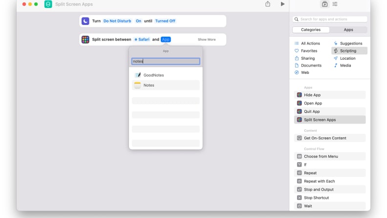 A screenshot of the Shortcuts app on macOS Monterey, showing how an example shortcut can be built to toggle Do Not Disturb and open two apps side-by-side.