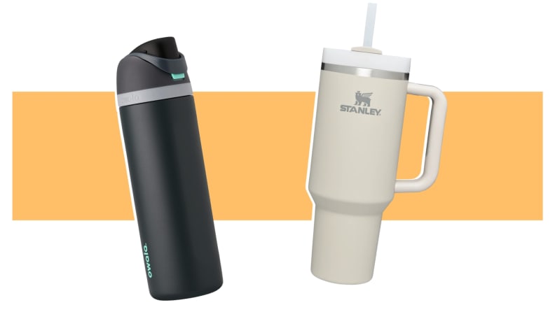 A black Owala water bottle and a white Stanley tumbler.