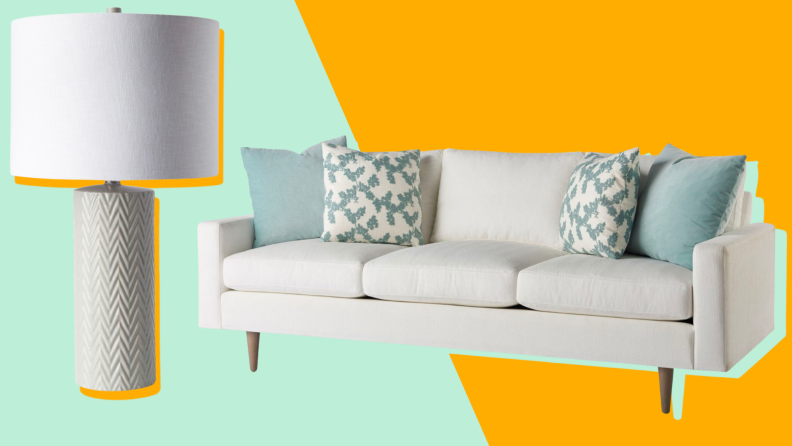 A white chevron-printed lamp and couch against a colorful background.