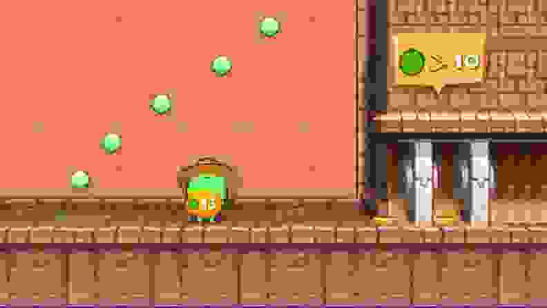 A small green character collects green gemstones in a basket