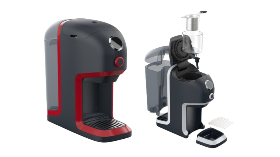 On right, Brü Maker in red color; on left, Brü Maker in black color, with all pieces detatched