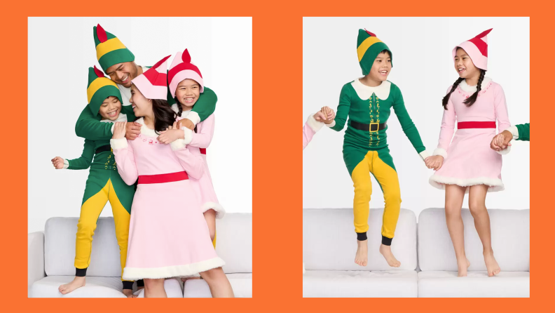 A family wearing Elf movie Hanna Andersson matching Christmas family pajamas on an orange background.