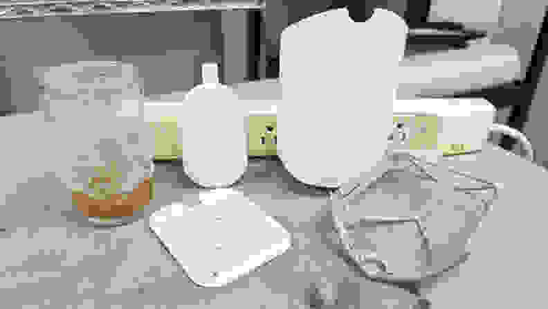 The Zevo Flying Insect Trap with a tape strip with dead flies on it and a jar of brown liquid.