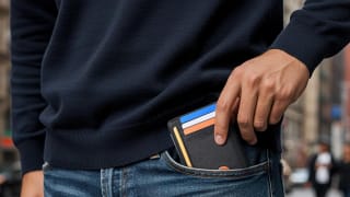 Man wearing navy blue sweater putting wallet in the pocket of his jeans