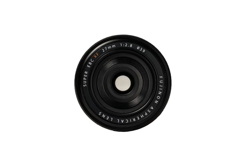 A front view of the Fujifilm Fujinon XF 27mm f/2.8.