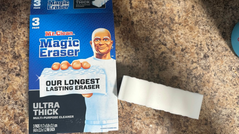 Close-up of the Ultra Thick Magic Eraser box and product.