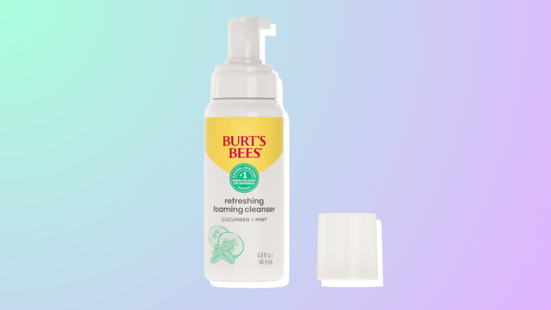 Burt's Bees Refreshing Foaming Cleanser face wash against a green, blue, and purple background.