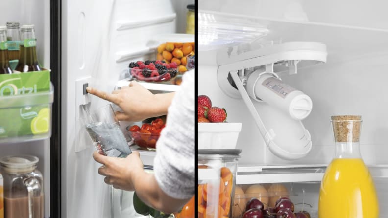 A split image of the GE GNE27JSMAFSS French door refrigerator. On the left we see someone using its built-in water dispenser, located on the left wall of the fridge. On the right we can see the replaceable filter, located in the top right back corner of the fridge.