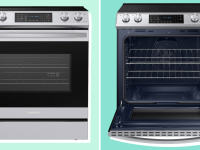 Two images of an electric range against a green background.