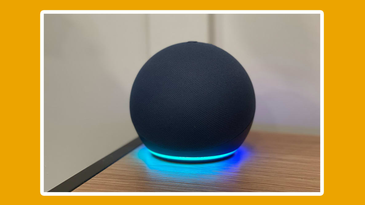 Product shots of the Echo Dot 5th generation virtual assistant speaker.