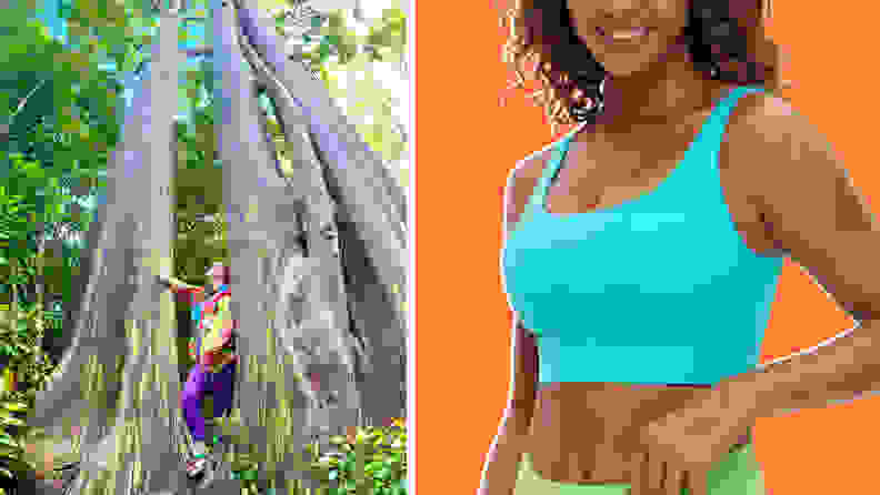 The author wearing purple yoga pants and a printed top, and a model wearing a sports bra.