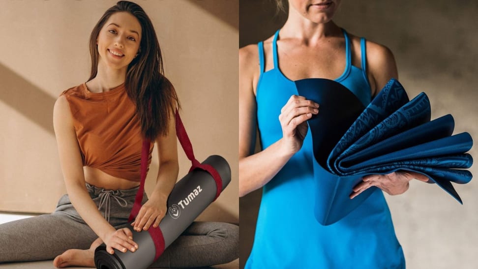 woman holding yoga mat and strap, woman holding folding mat