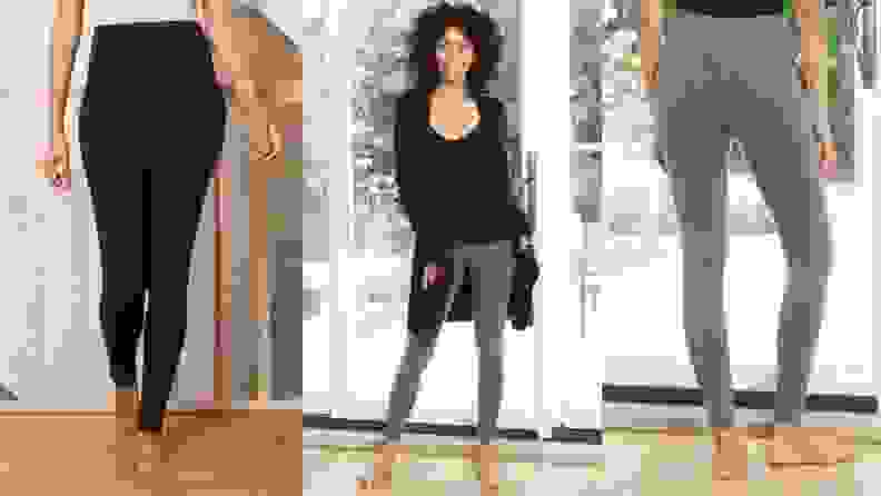 Three images: On the left, a model (shown from the waist down) sports black leggings. In the center, a smiling model poses in gray leggings and other loungewear. To the right, a model poses in the gray leggings (shown closer from behind).