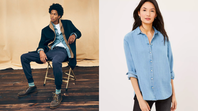 Man sitting in a chair wearing chambray shirt, woman standing in chambray shirt