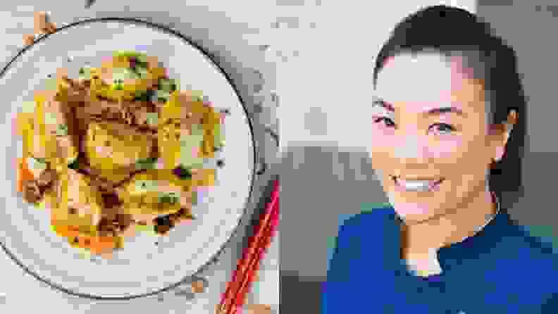 Left: An overhead photo of a plate of Chicken Jiaozi Dumplings. Right: A headshot of chef and restaurant owner Shirley Chung.