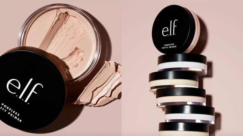On the left: The E.L.F Cosmetics Poreless Putty Primer sits on a light pink background. The circle container has its black cap off to reveal a light pink putty. On the right: A stack of the E.L.F Cosmetics Poreless Putty Primers stands against a light pink background. There are six total and the top one is propped up and faces out toward the camera.