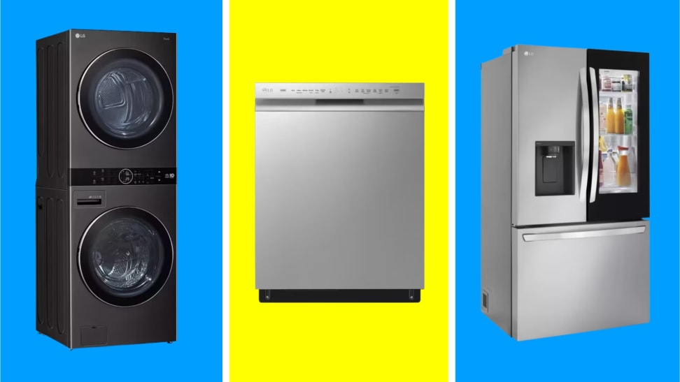 Three LG appliances in front of multi-colored backgrounds.