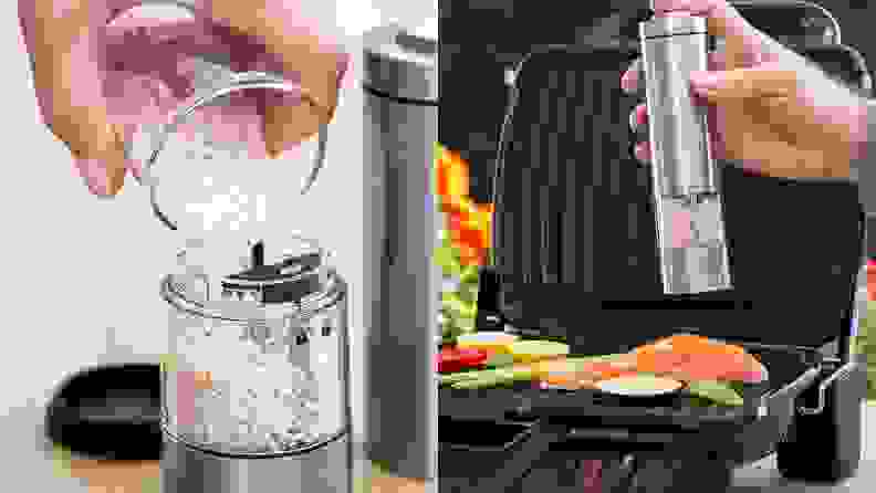 Left: person filling Urban Noon mill with pink salt. Right: person seasoning food as it grills with grinder