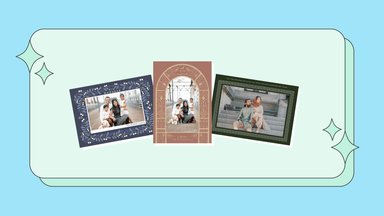 An image of three Ramadan photo cards on a blue background.