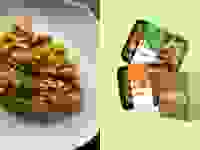 Left: plated dish of chicken, rice, and veggies. Right: Modify Health packages on green background