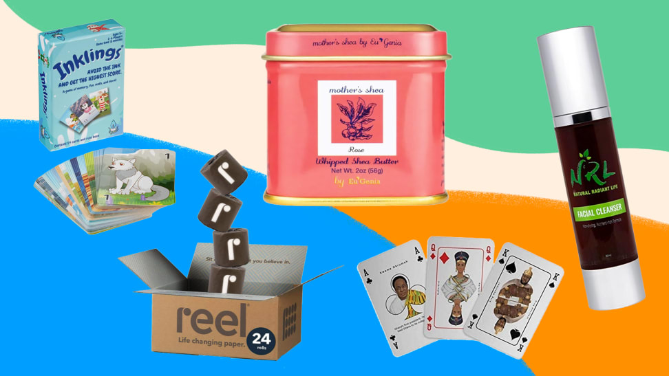 An image of several different products including a card game, a box of toilet paper, a tin of moisturizer, playing cards, and a tube of tinted moisturizer.