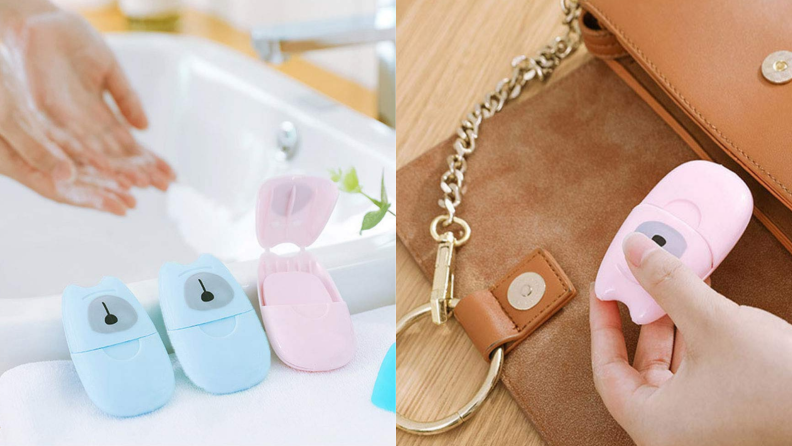 Soap sheet containers next to person washing their hands in the sink / Pulling pink soap sheet dispenser out of a brown purse.