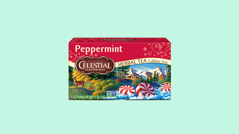 A box of Celestial Seasonings Peppermint Tea against a light green background.