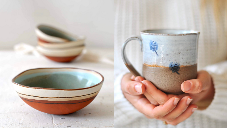 Two images of handmade ceramic dishes, one a terracotta and blue bowl and the other a mug held in a pair of hands in tan and blue.