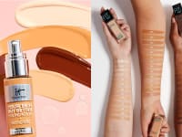 On the left: The It Cosmetics Your Skin But Better Foundation + Skincare lays on a pink background with swatches of four different shades above the bottle. To the right: Three arms of pale, medium, and dark complexions lay across a white background with swatches of the Maybelline Fit Me Matte + Poreless Liquid Foundation on their arms. Each hand holds a different shade of the foundation.