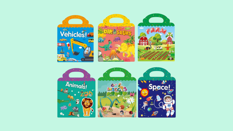 Two rows of three sticker books from TPQKA featuring different themes and colorful covers.