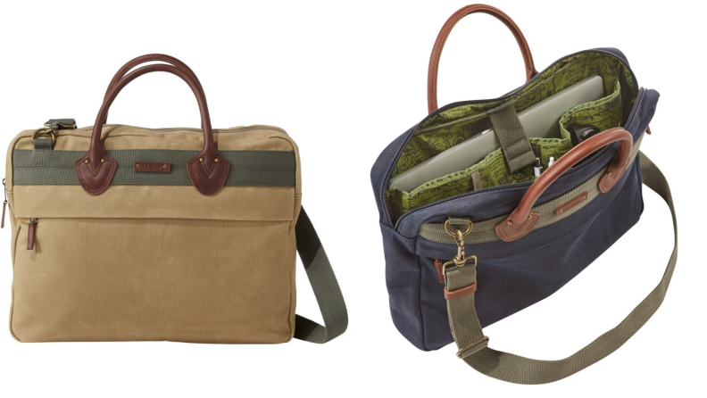 Tan canvas bag by L.L. Bean, open commuter bag from L.L. Bean showing off inside space and contents.