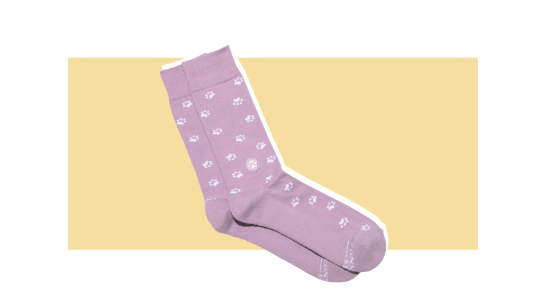 A purple sock with pawprints on it against a gold background.