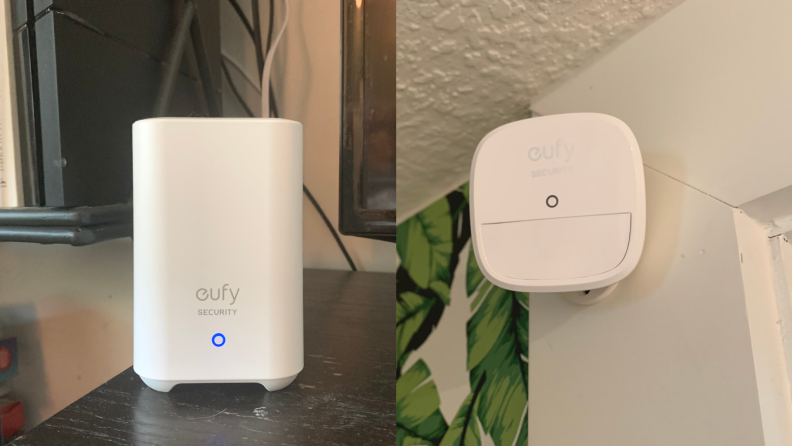 Eufy' Security's home base sits on a wood table (left) and Eufy's motion detector is pictured hanging on doorway trim (right).