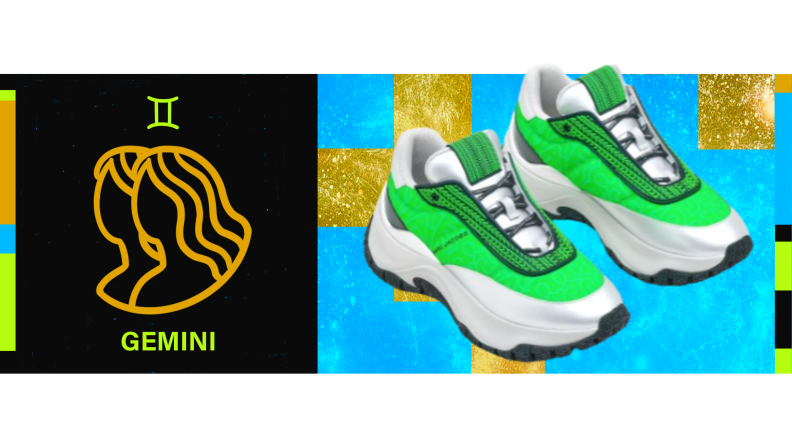 On the left is the symbol for Gemini, and on the right is a pair of white and neon green sneakers.