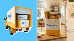 A collage of graphics from the Walmart+ main page.