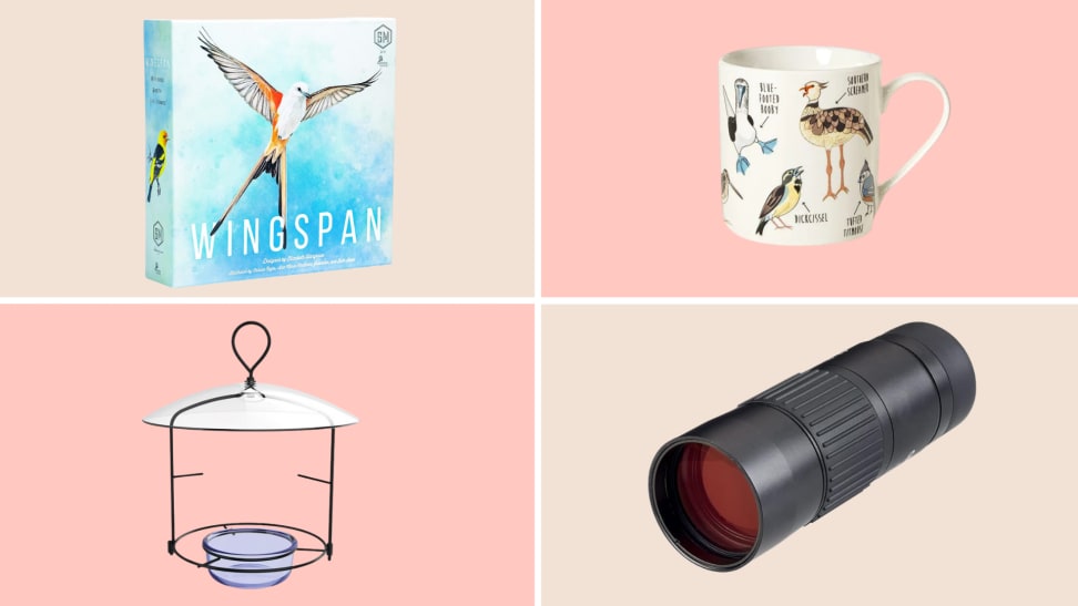 A selection of the best gifts for bird lovers, including the Wingspan Game, a Fowl Mug, a Nature's Way AI bird feeder, and an Opticron Explorer monocular.
