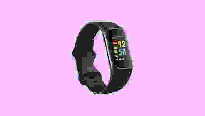 A black Fitbit Charge 5 displaying stats.