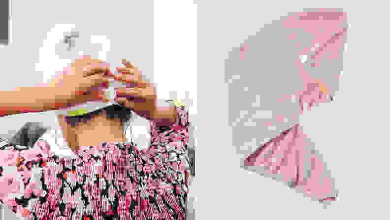On the left: A person wearing a floral blouse wraps the Aquis Lisse Luxe Hair Turban around their wet hair. On the right: A pink Aquis microfiber towel lays on a gray background and is folded in half to show the button and loop attachments.