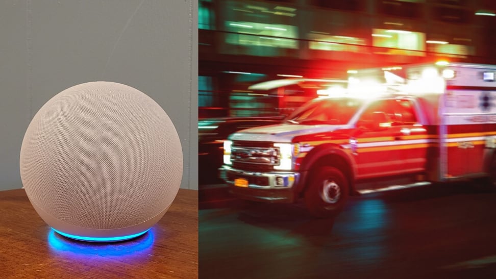 An Amazon Echo smart speaker next to a fire truck