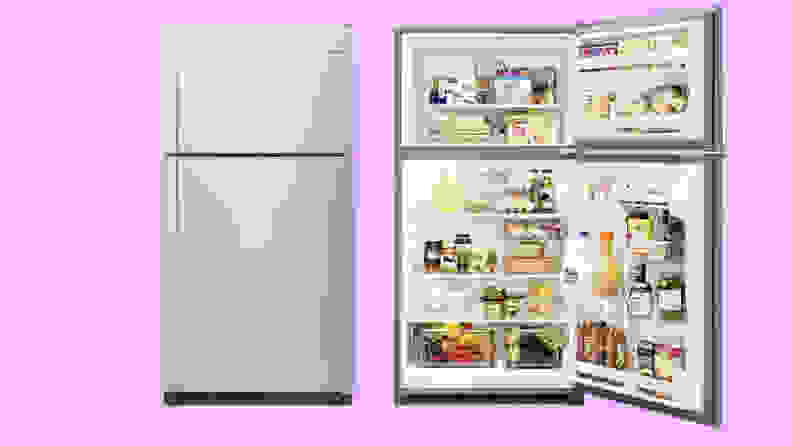 Two images of the Whirlpool WRT311FZDM top-freezer refrigerator, one with its door closed and the other with its door open, showcasing a fully-stocked interior.