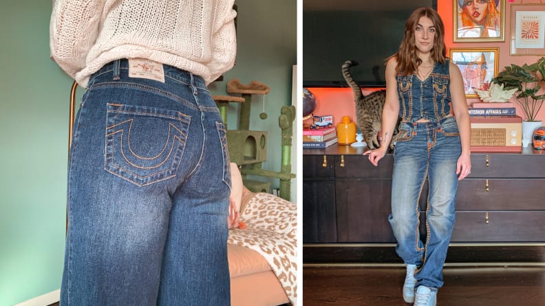 A detail shot of a woman wearing blue jeans with a horseshoe design on the back pockets, and a photograph of her wearing another denim outfit featuring bold stitching.