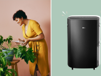 On left, person watering potted plant. On left, black LG PuriCare 2019 50-Pint Black Energy Star Dehumidifier.