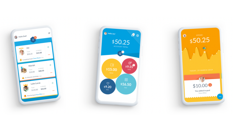 Three different cell phones showing the RoosterMoney app interface.