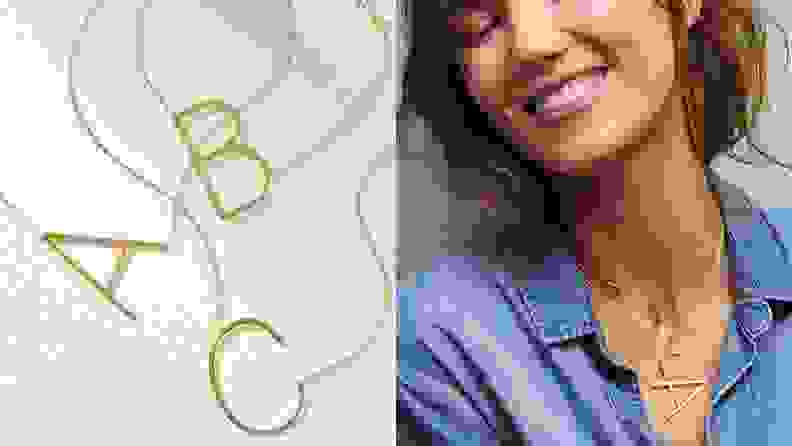 monogrammed necklaces on grey background on left and woman in blue shirt wearing one on right