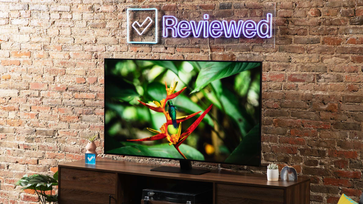 Samsung Q80B LED television in front of brick wall under neon sign with greenery on screen.
