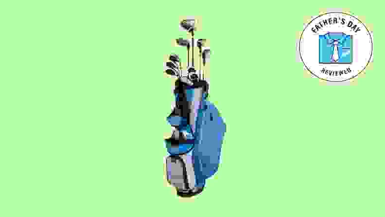blue golf bag and clubs