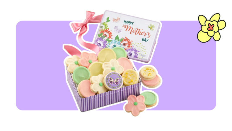 A Mother's Day tin filled with Cheryl's Cookies