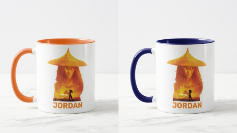 Two custom mugs with Raya on the front