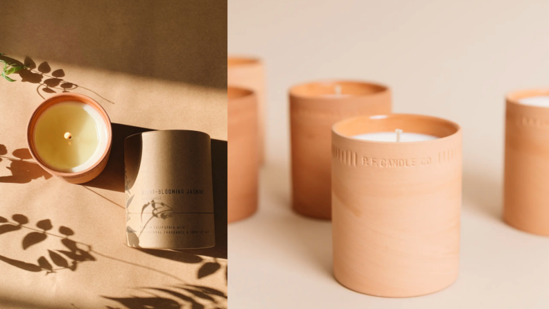 Side by side image of candles in terracotta pots.